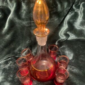 Vintage Elegant Cranberry Flash Gold Band Decanter Set 6 Cordials. Bohemia?